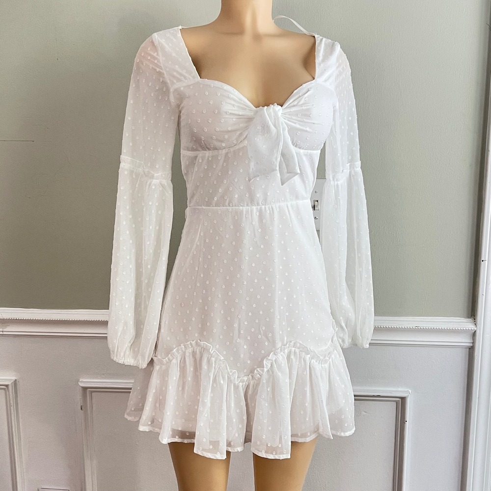 Thats So Fetch Mini Dress Womens 2 Swiss Dot Tie Front Balloon Sleeve White Boho
